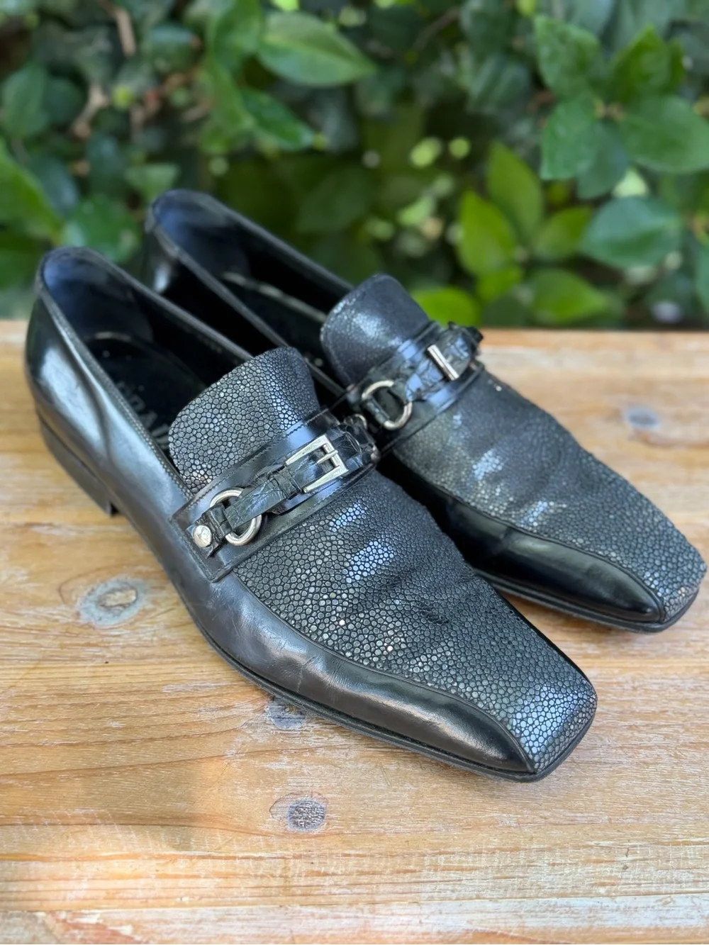 Prada Stingray Shagreen Leather Buckle Loafers